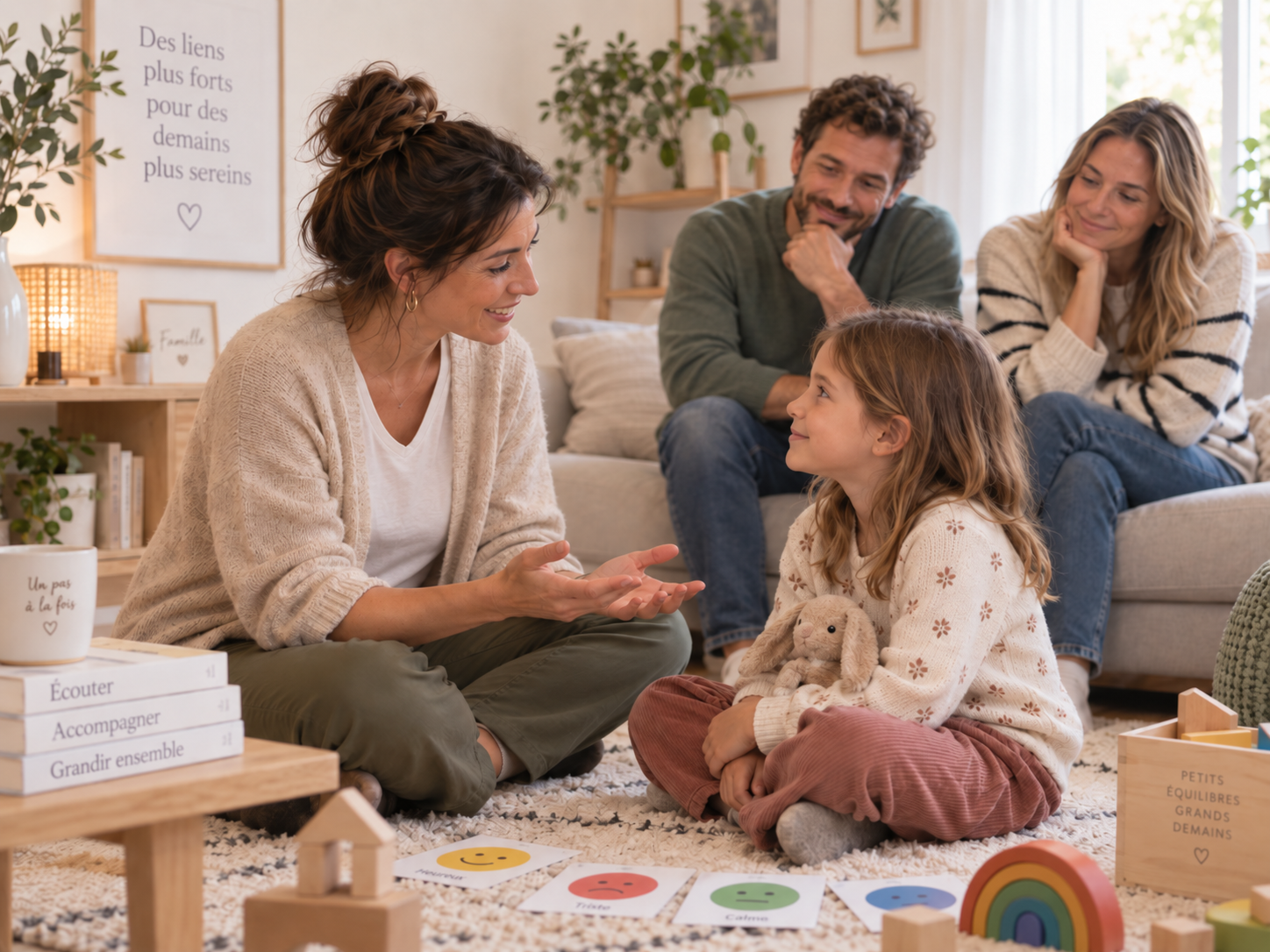 Coach familiale en interaction avec une petite fille et ses parents